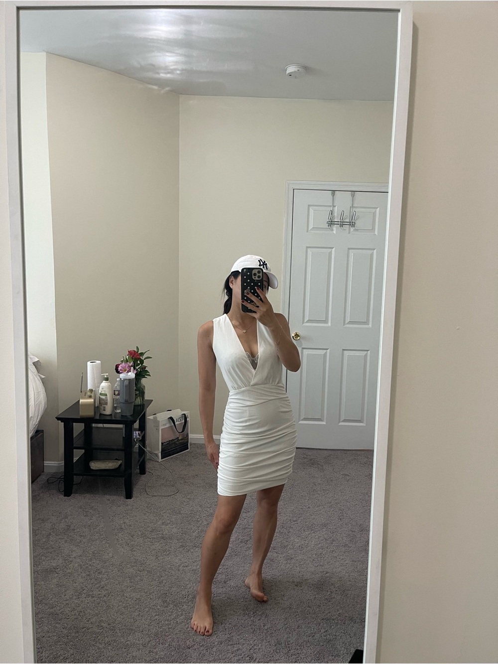 Babaton Ivory Draped V-Neck Mini Dress
